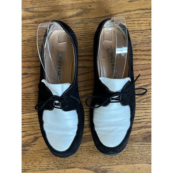 MANOLO BLAHNIK Black White Leather Lace Up Loafer Shoes Women's Size EU 37 - Picture 8 of 8